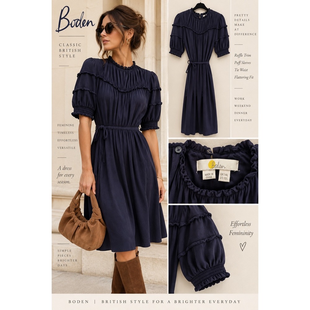 Boden Navy Ruffle Midi Dress 10L Puff Sleeve Tie Waist Romantic Prairie